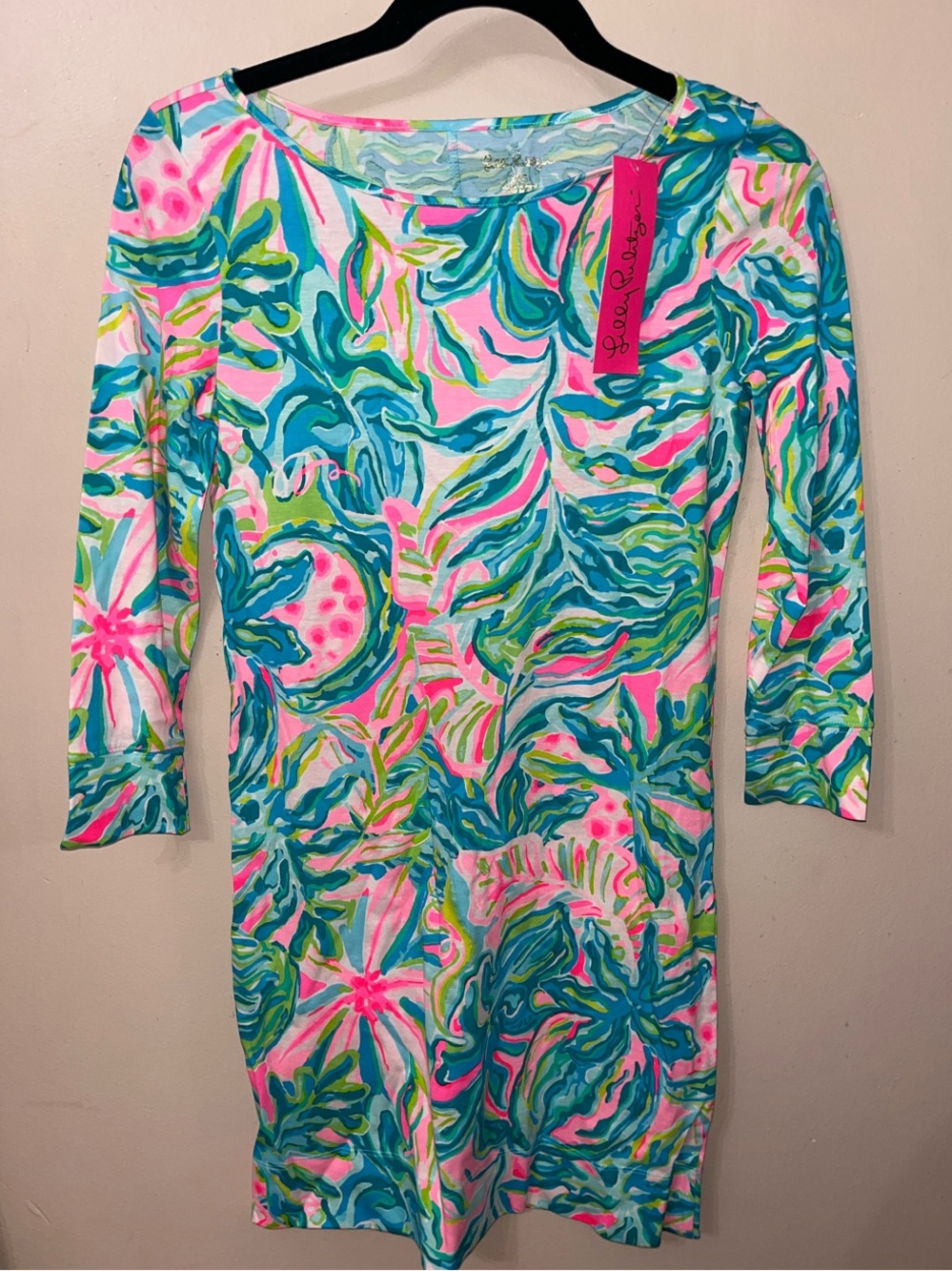 Lilly Pulitzer Neon Pink & Aqua Leaf-Print 3-Quarter Sleeve Dress NWT — Size XXS